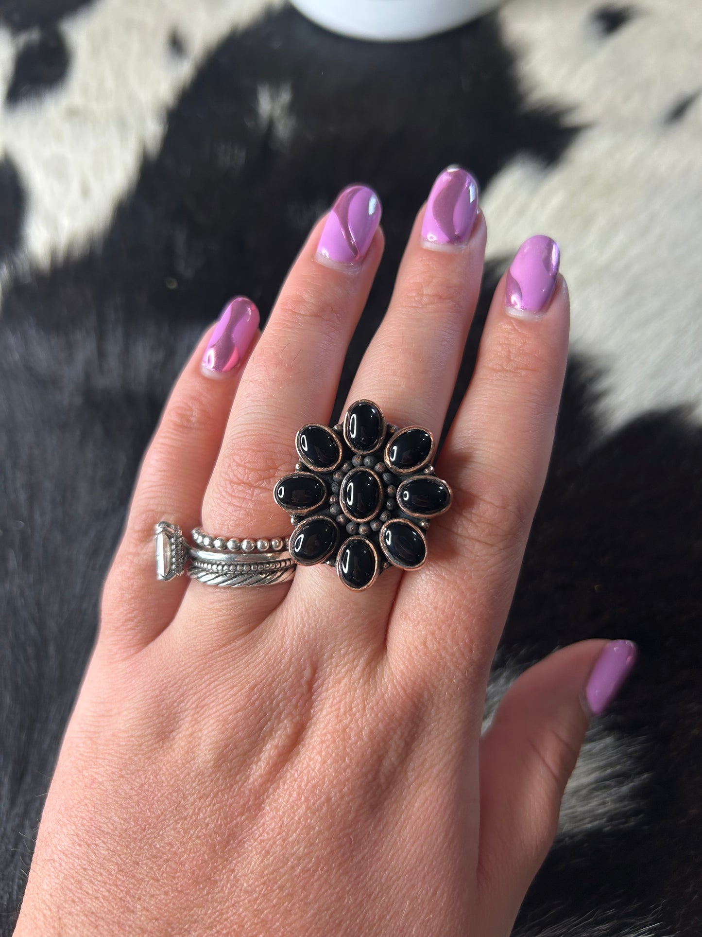 Black Onyx Cluster Copper Ring
