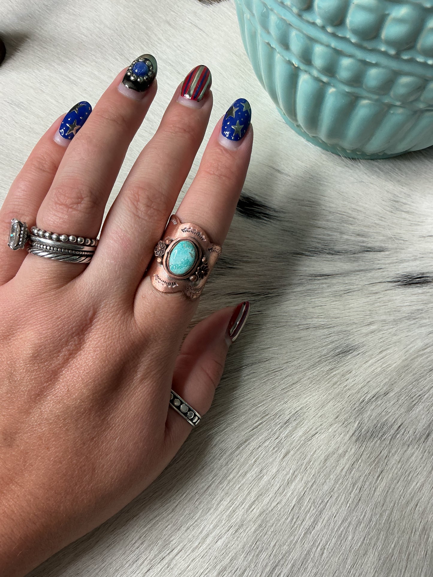 White water Turquoise Cigar Copper Ring