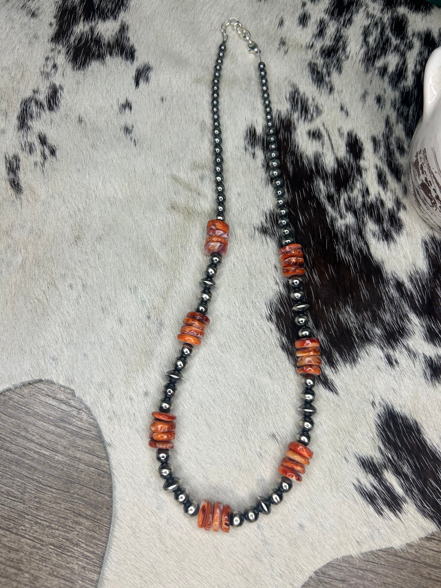 Orange Spiny & 6mm Pearl Necklace