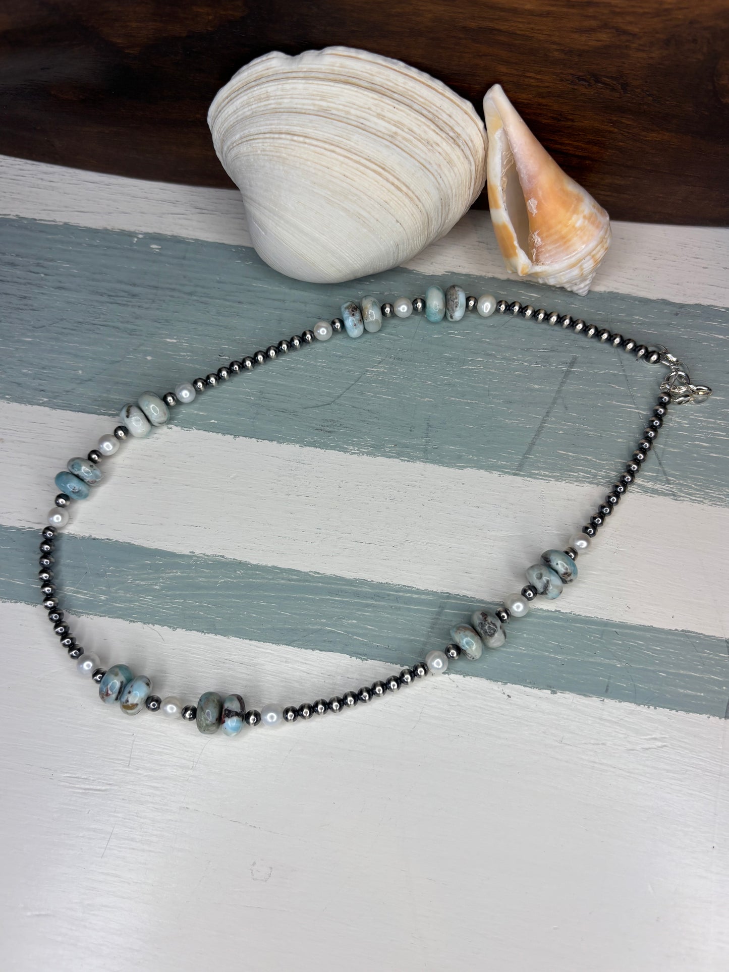 Sterling Silver with Larimar & Fresh Water Pearls Necklace