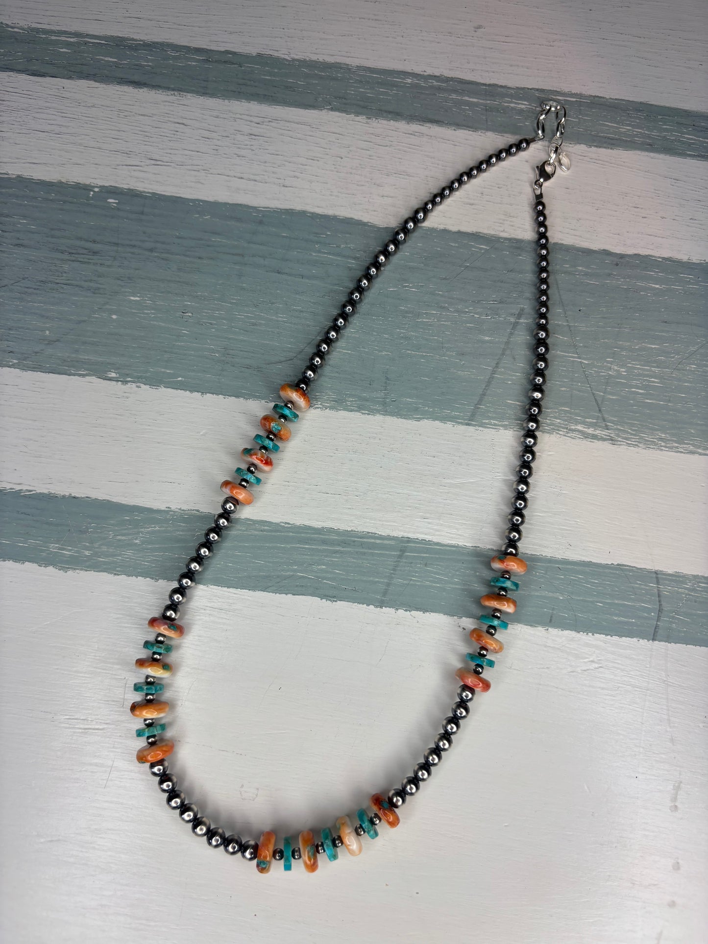 Sterling Silver Pearls with Turquoise & Orange Spiny