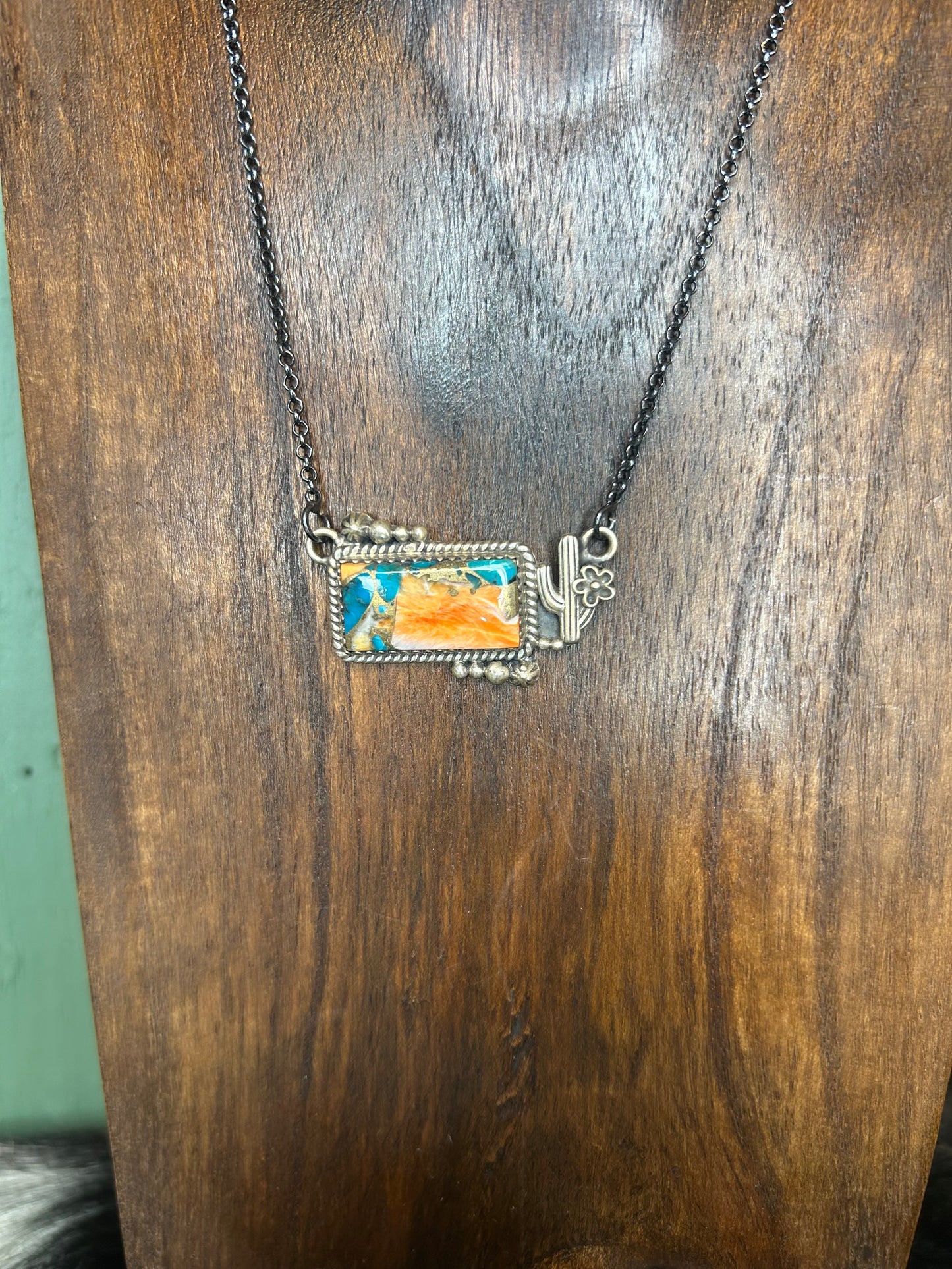 Spiny Turquoise Cactus Bar Chain Necklace