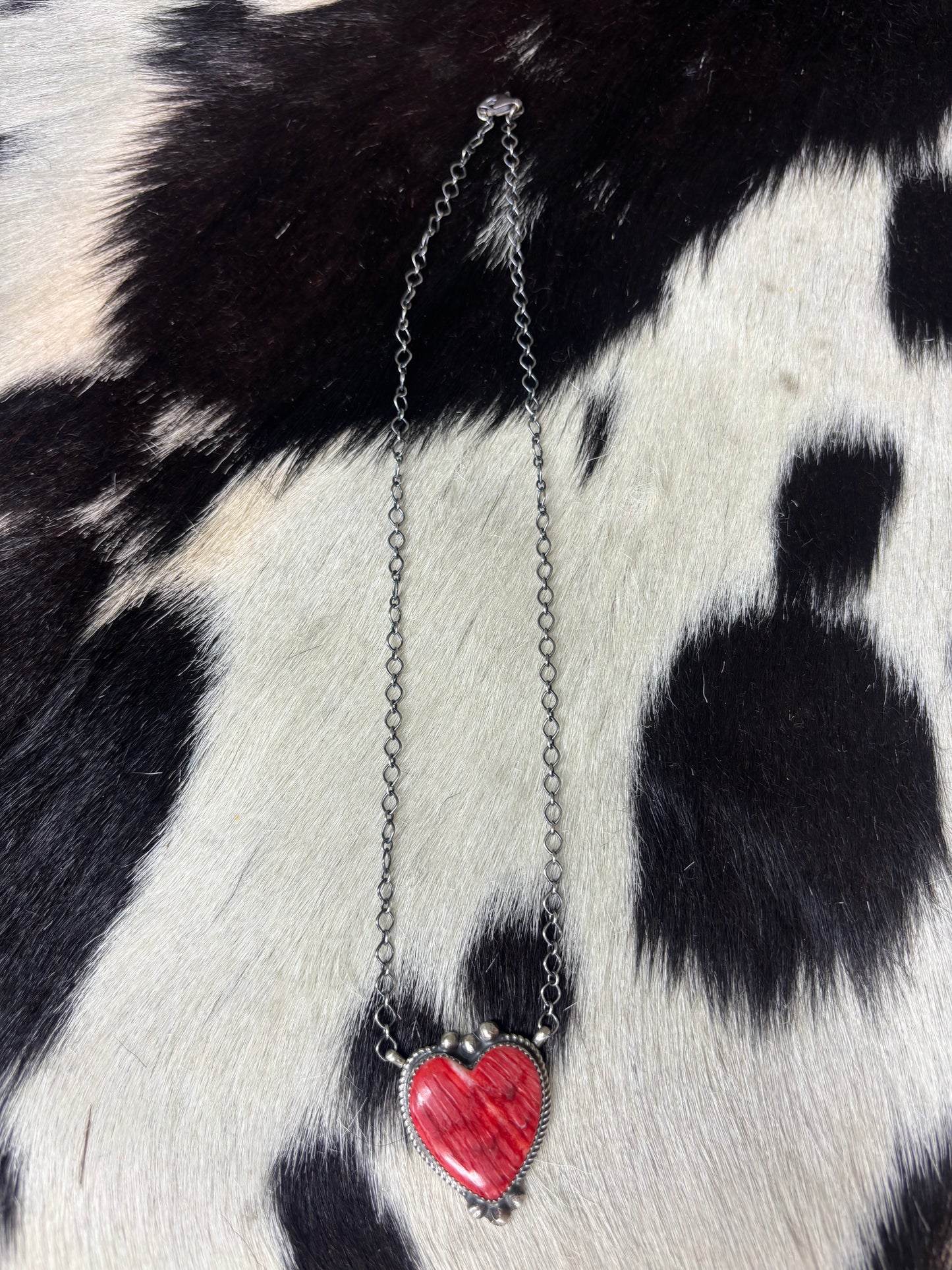 Sterling Silver Native Made Red Spiny Heart Necklace