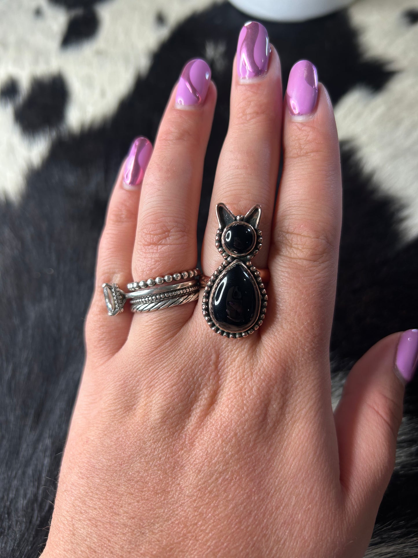 Black Onyx Cat Copper Ring