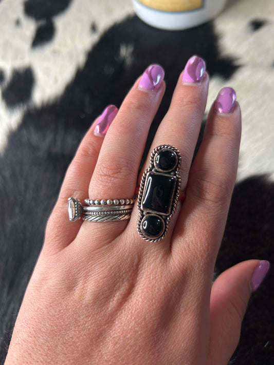 Black Onyx 3 Stone Copper Ring