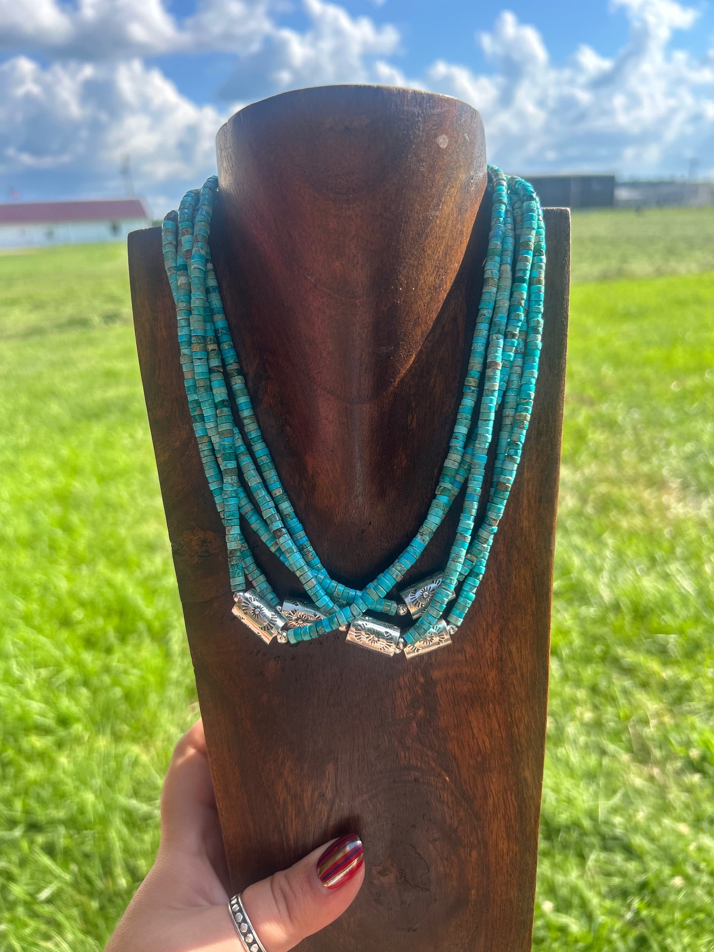 Turquoise Bead & Sterling Silver Barrel Bead Necklace