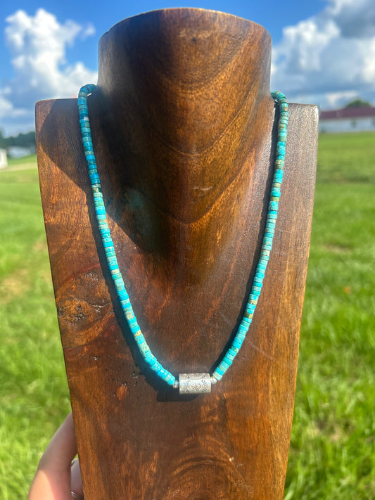 Turquoise Bead & Sterling Silver Barrel Bead Necklace
