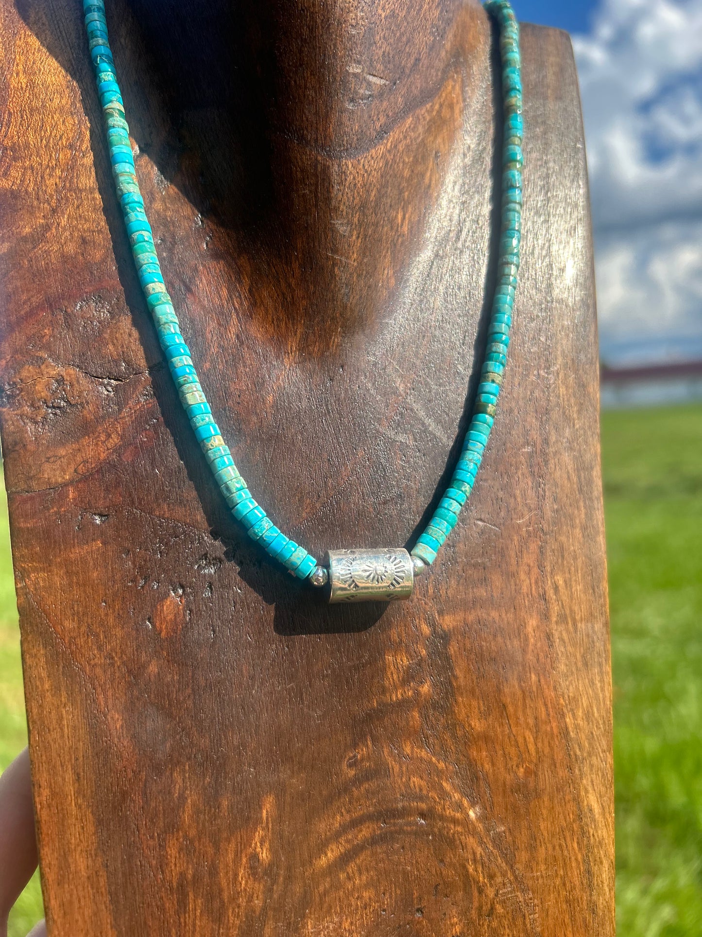 Turquoise Bead & Sterling Silver Barrel Bead Necklace