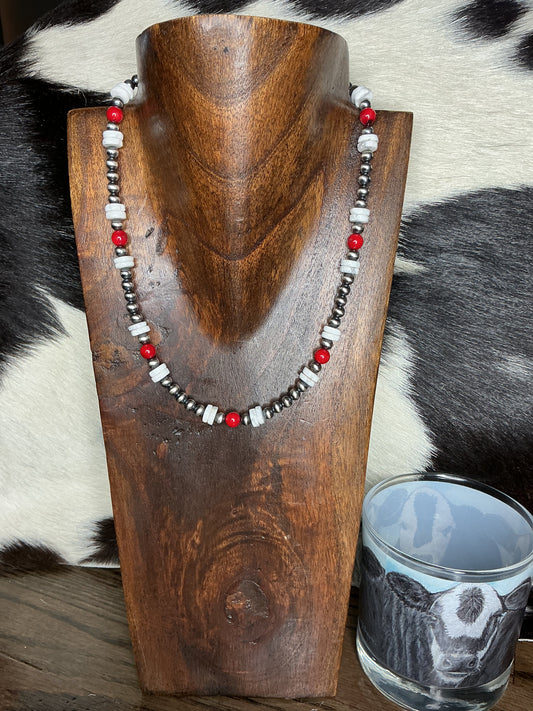 Red Coral & Howlite Sterling Silver Necklace