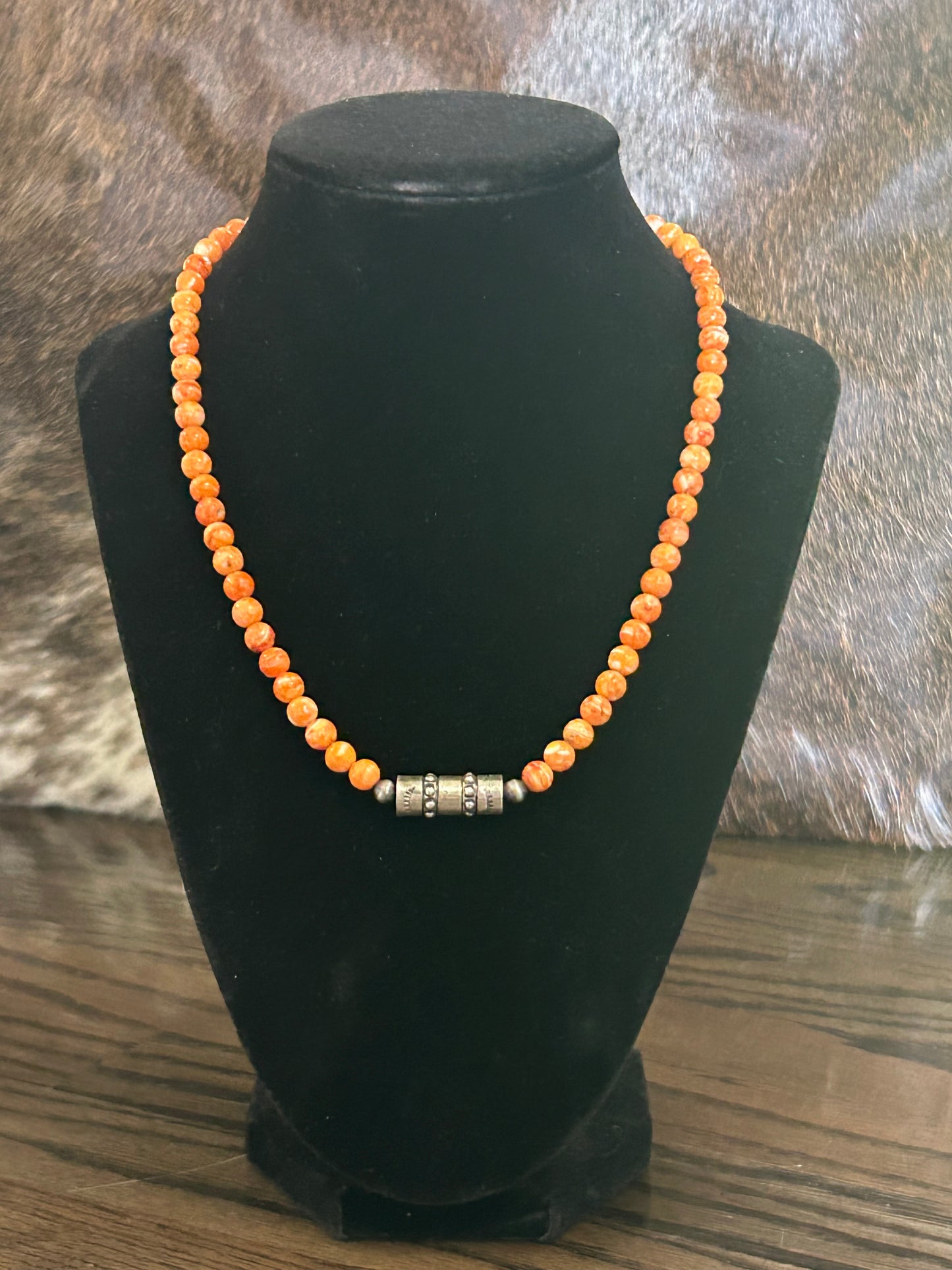 Orange Spiny Stamped Barrel Bead