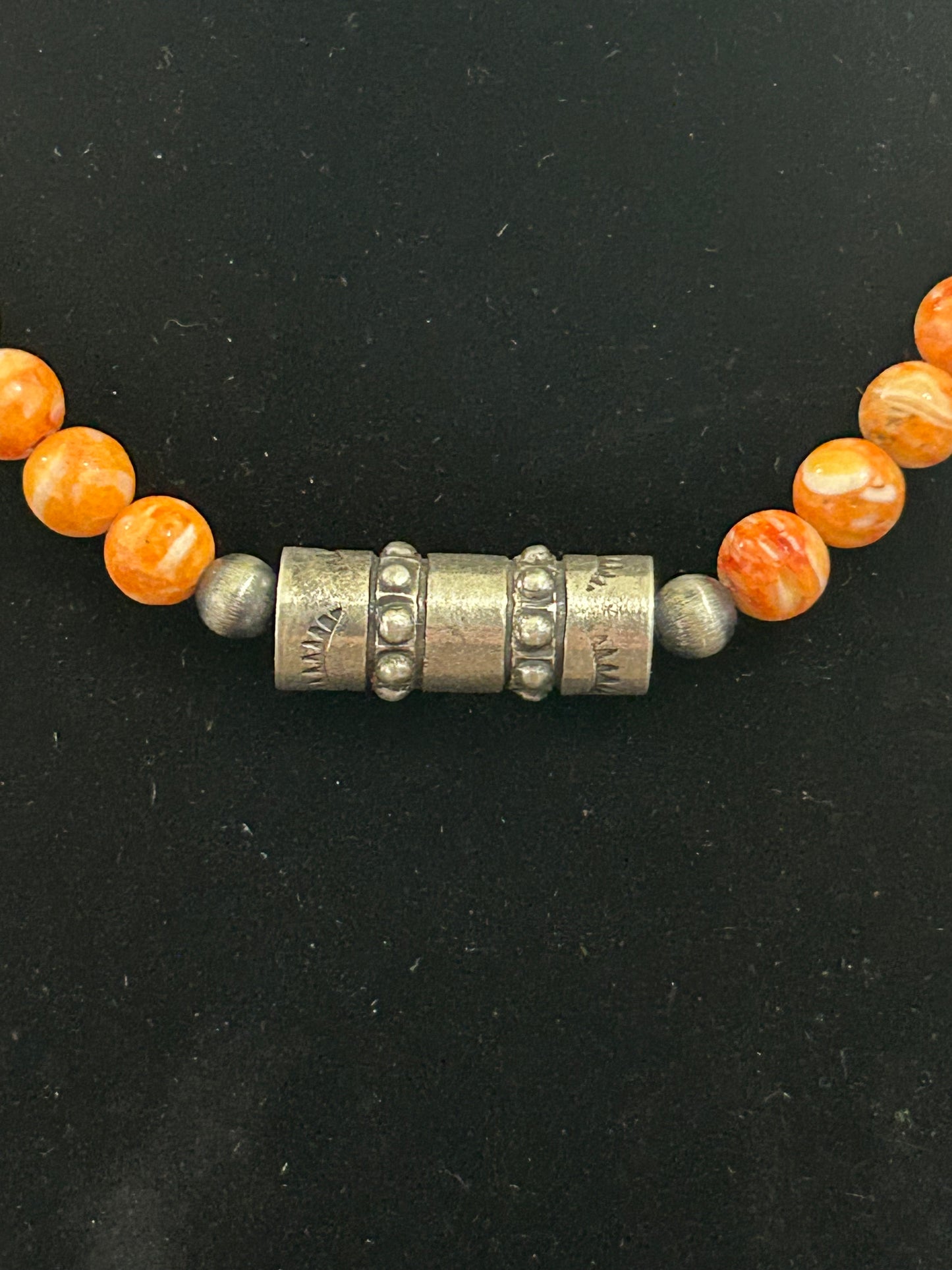 Orange Spiny Stamped Barrel Bead