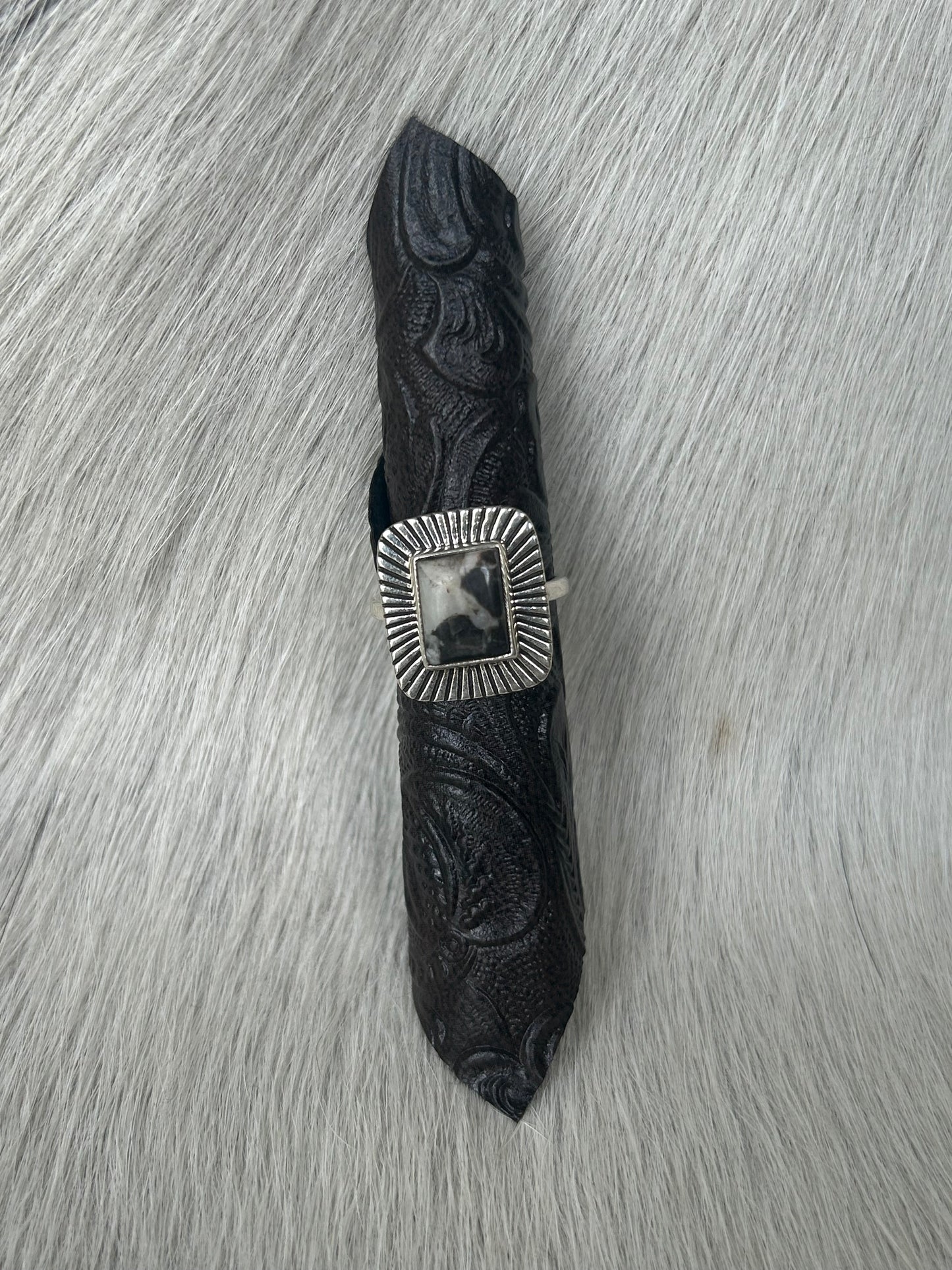 White Buffalo Square Burst Ring