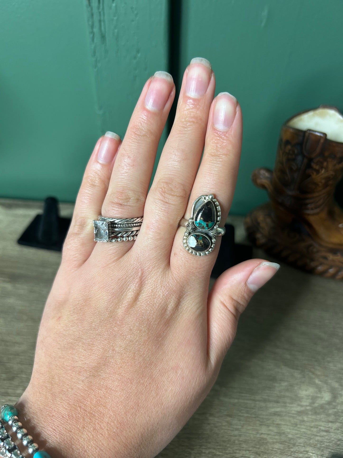 White Buffalo Turquoise 2 Stone Ring