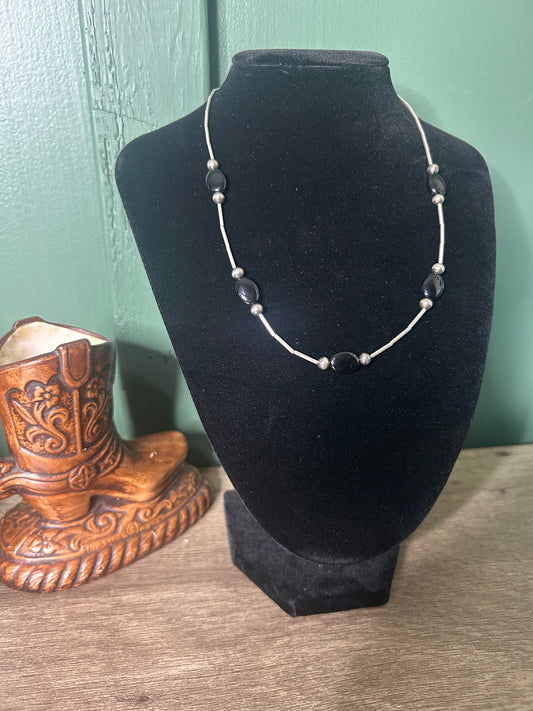 Liquid Silver & Black Czech Beads Necklace
