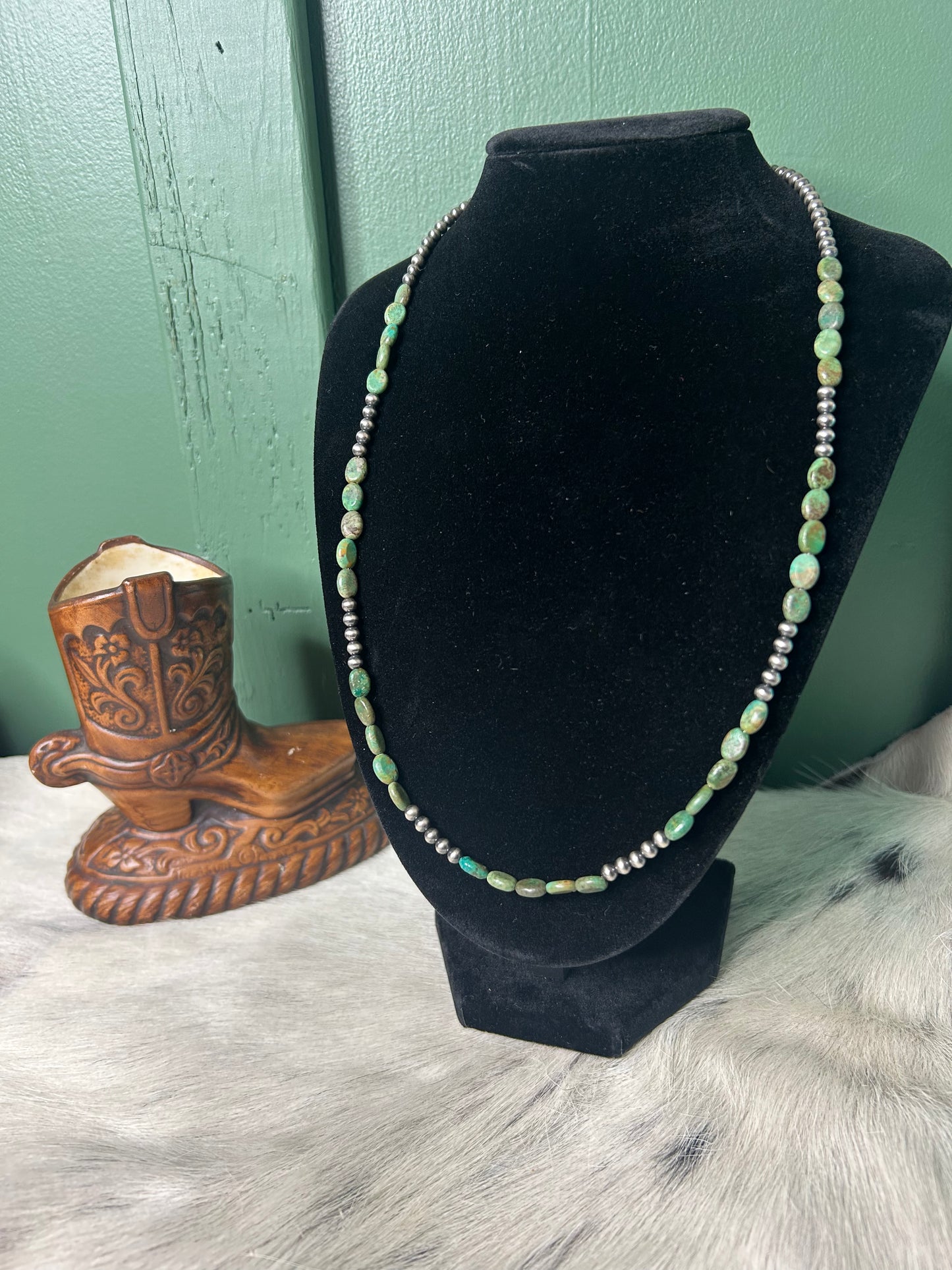 4mm Pearls & Green Turquoise Stone Necklace