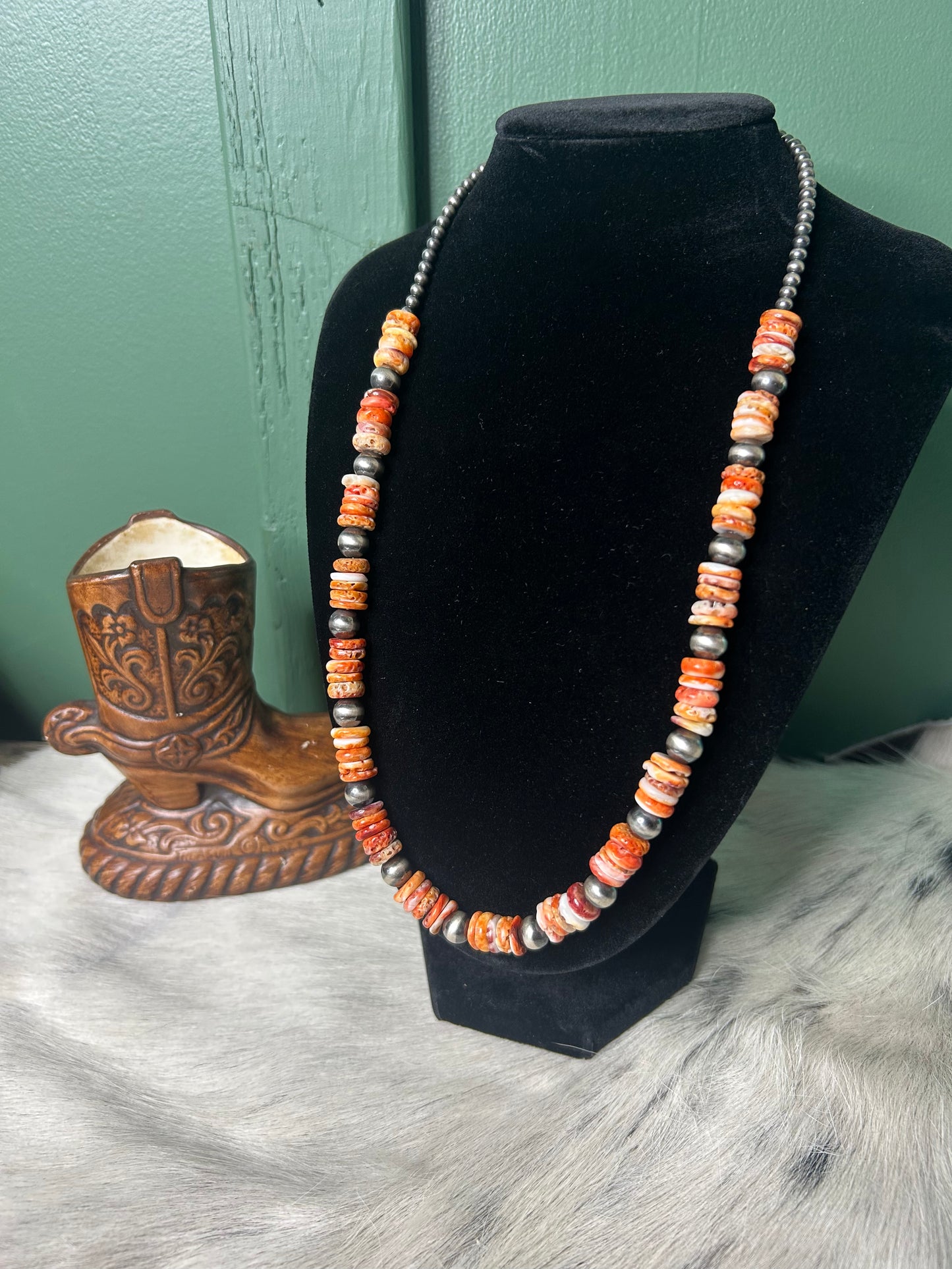Orange Spiny & 8mm Pearl Necklace