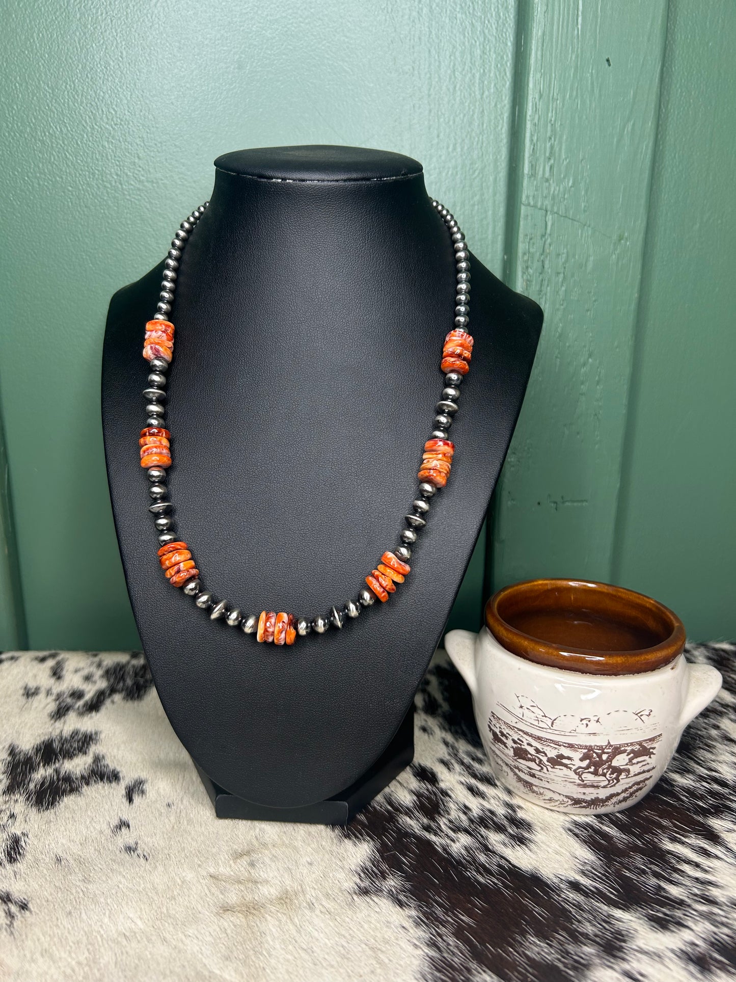 Orange Spiny & 6mm Pearl Necklace