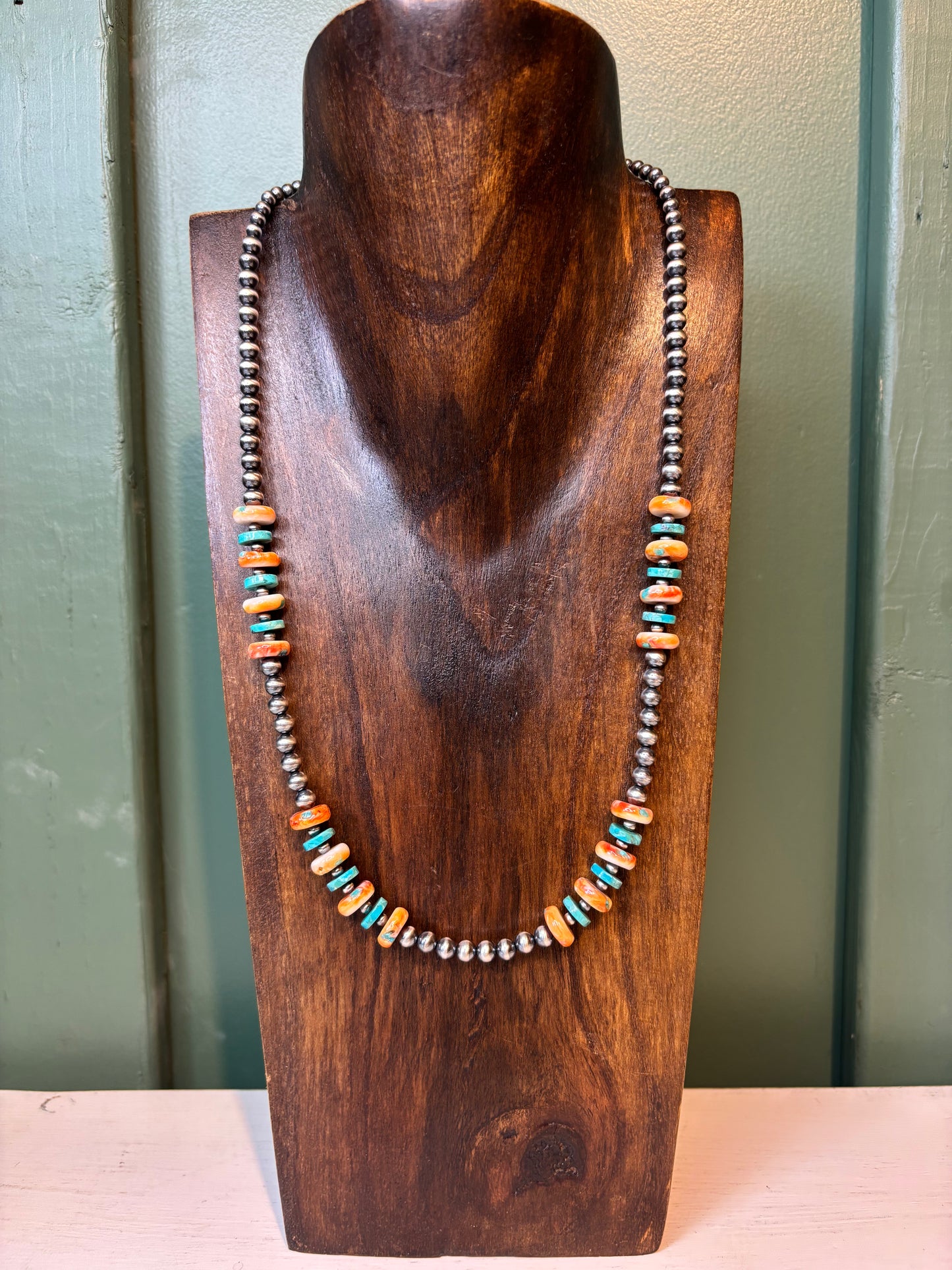Sterling Silver Pearls with Turquoise & Orange Spiny