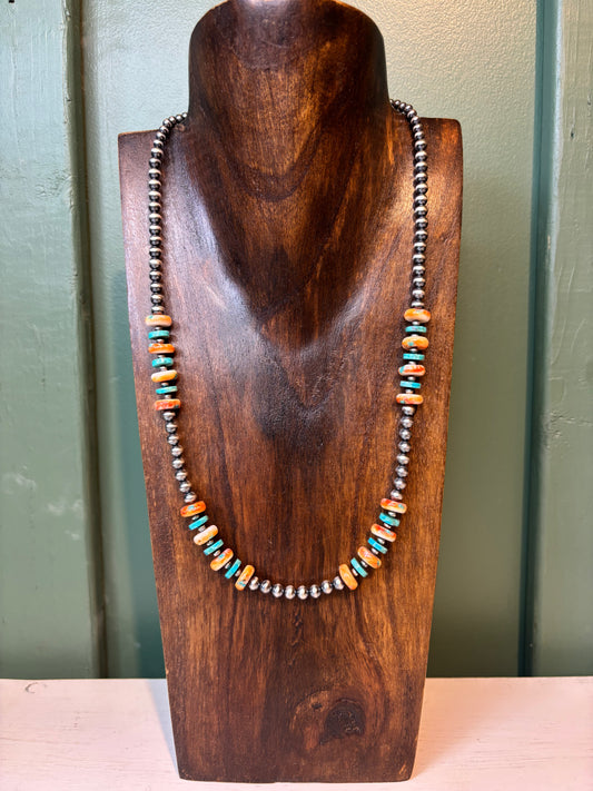 Sterling Silver Pearls with Turquoise & Orange Spiny