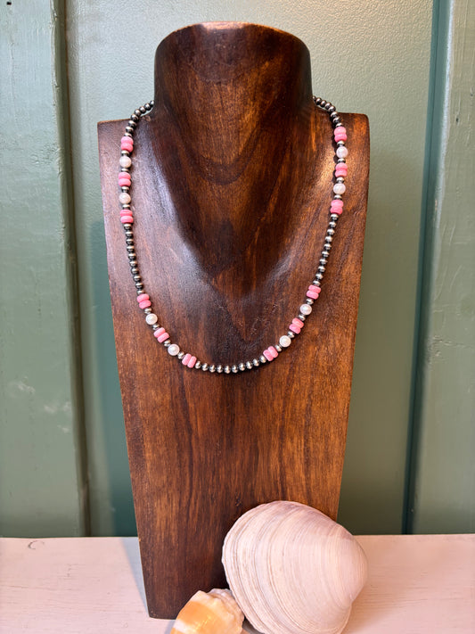 Sterling Silver Pearls with Pink Conch & Fresh Water Pearls Necklace