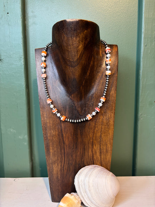 Sterling Silver with Orange Spiny & Fresh Water Pearls Necklace
