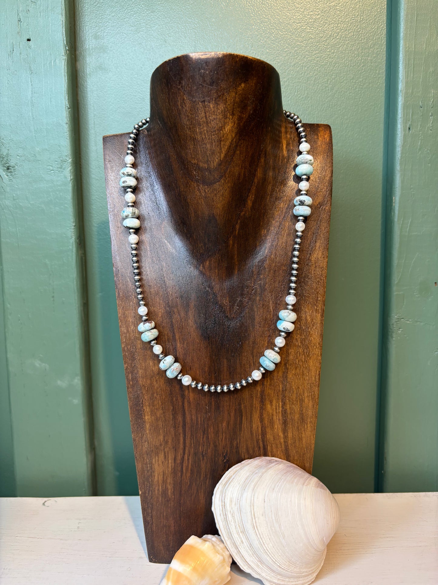 Sterling Silver with Larimar & Fresh Water Pearls Necklace