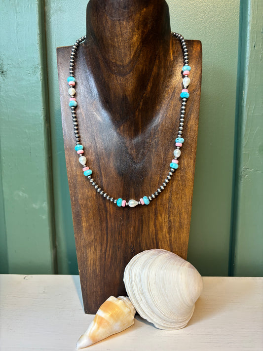 Sterling Silver with Multi-Color Stone's & Fresh Water Pearls Necklace