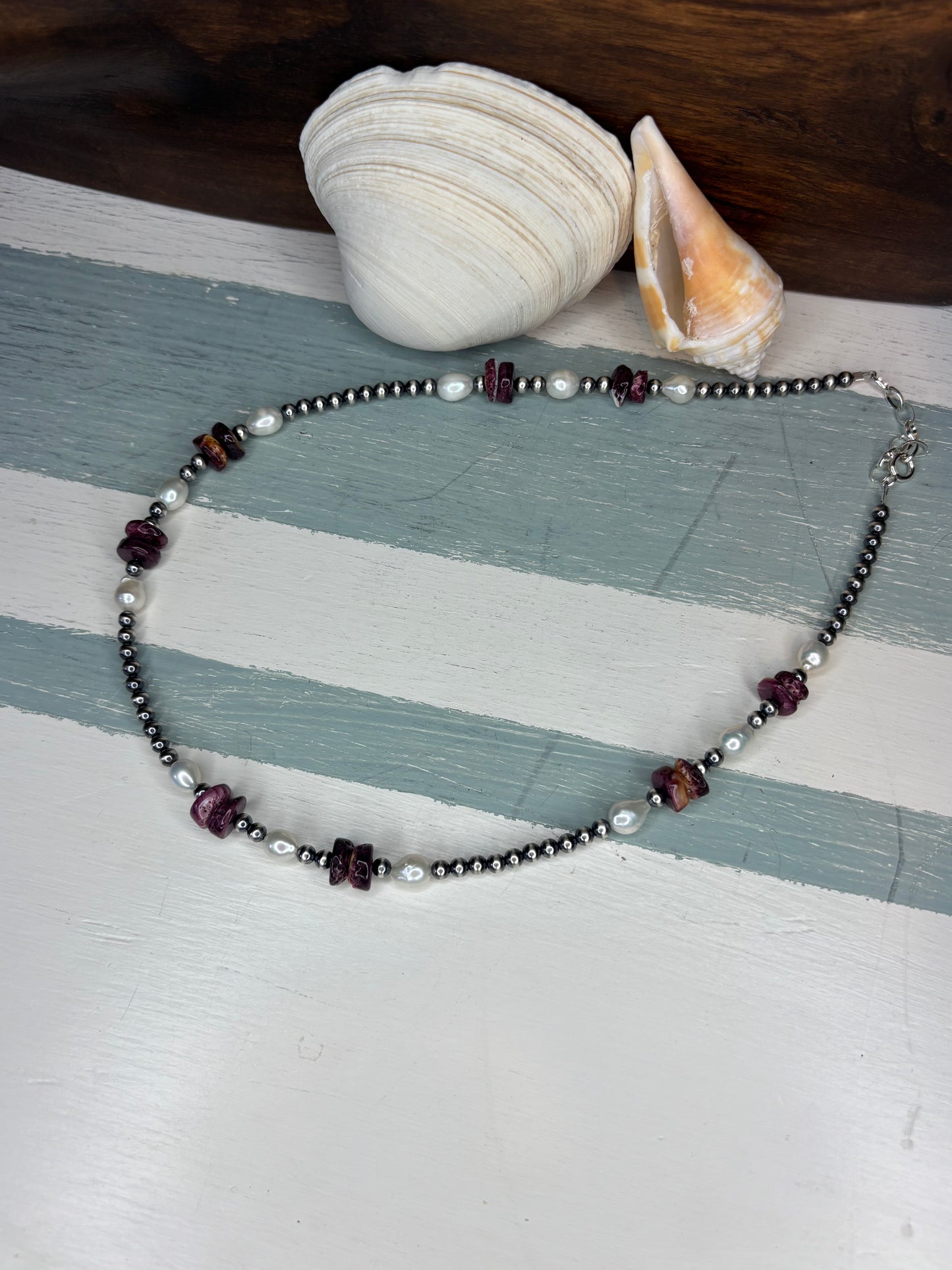Sterling Silver with Purple Spiny & Fresh Water Pearls Necklace