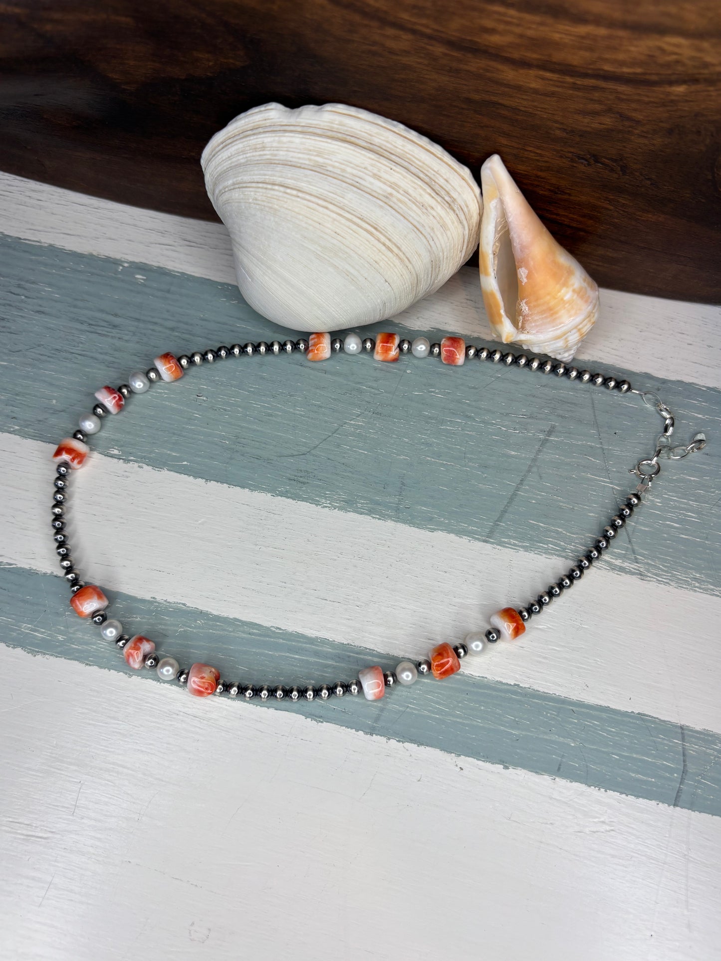 Sterling Silver with Orange Spiny & Fresh Water Pearls Necklace
