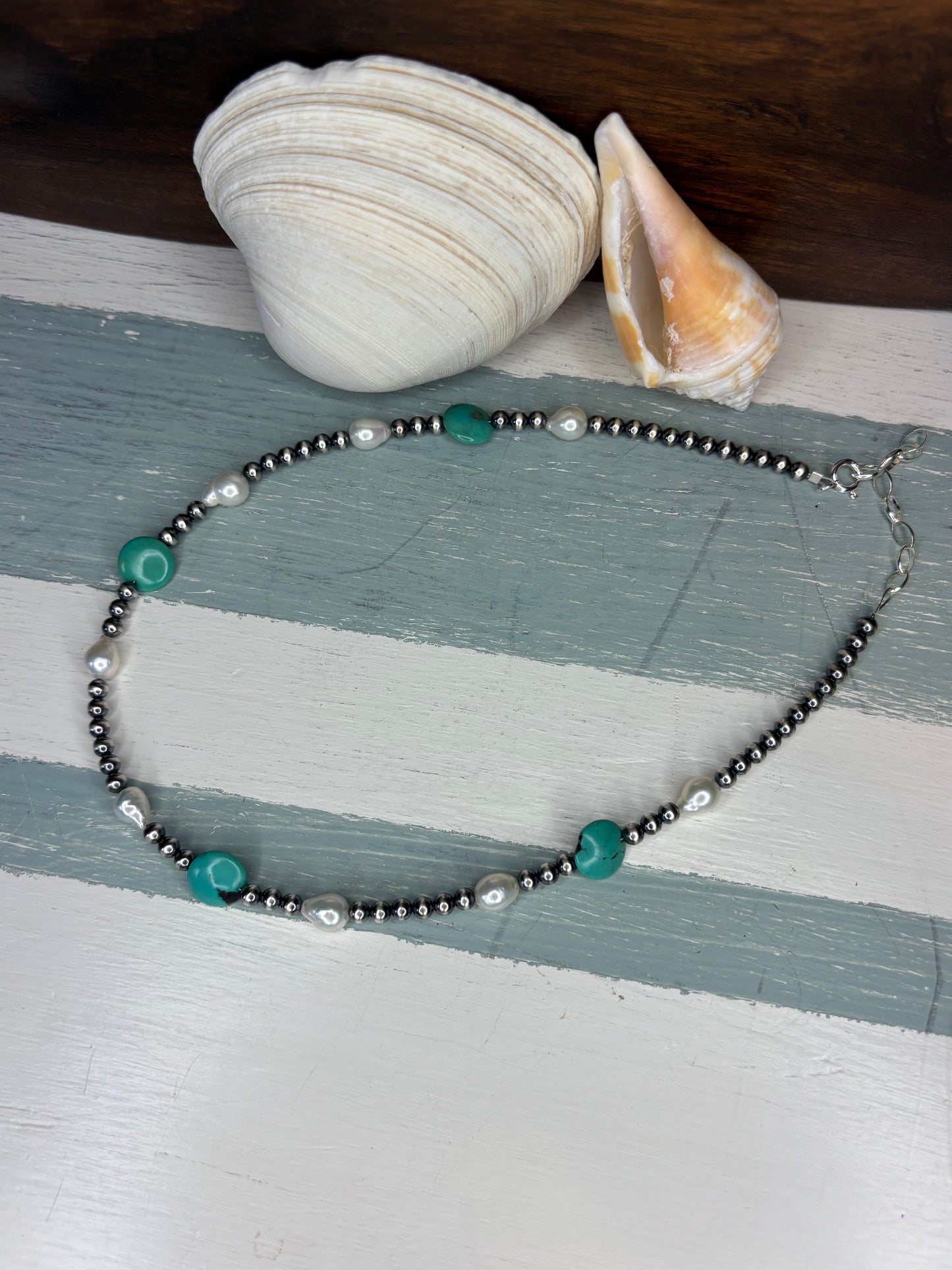 Sterling Silver with Turquoise & Fresh Water Pearls Necklace