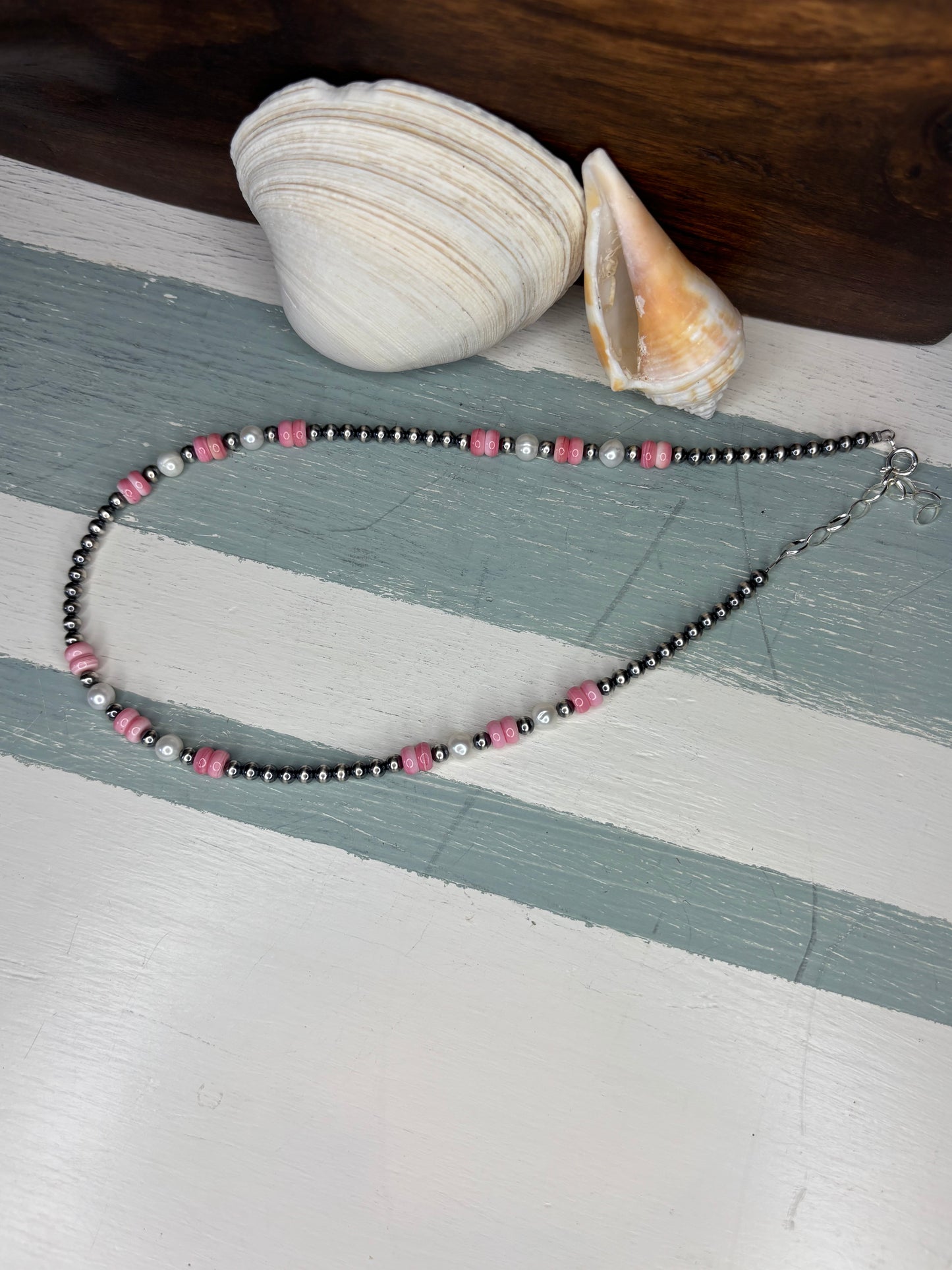 Sterling Silver Pearls with Pink Conch & Fresh Water Pearls Necklace