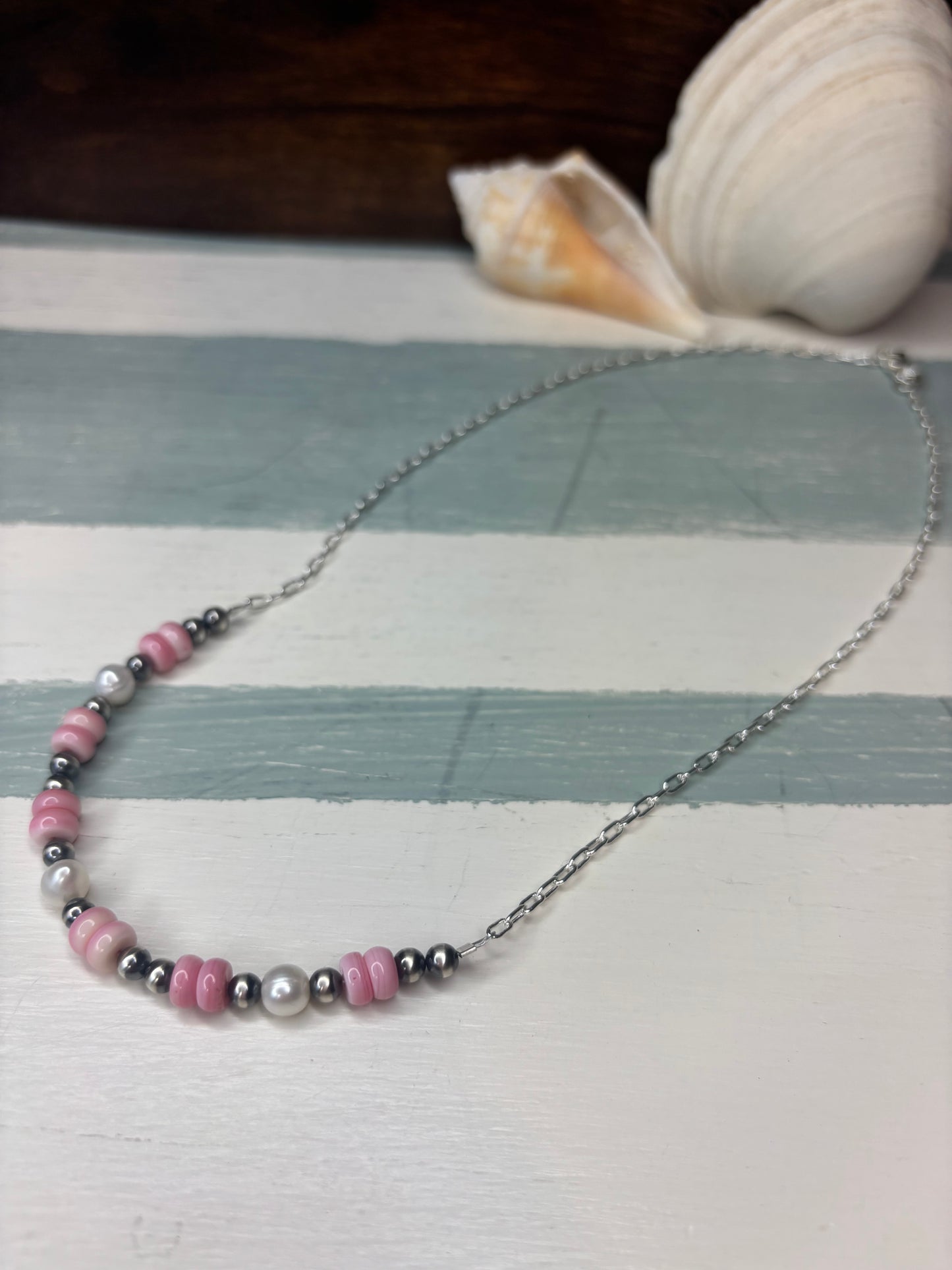 Extended Bar Pink Conch & Fresh Water Necklaces