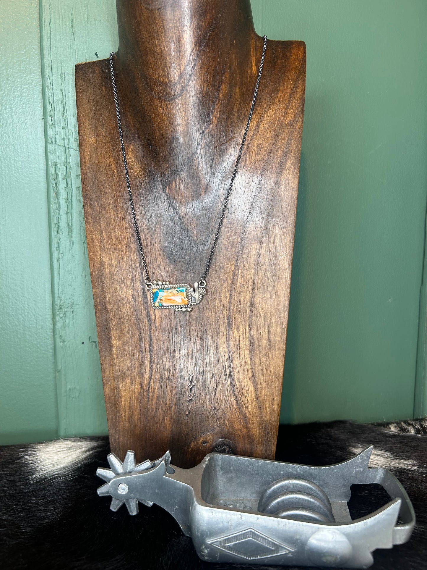 Spiny Turquoise Cactus Bar Chain Necklace