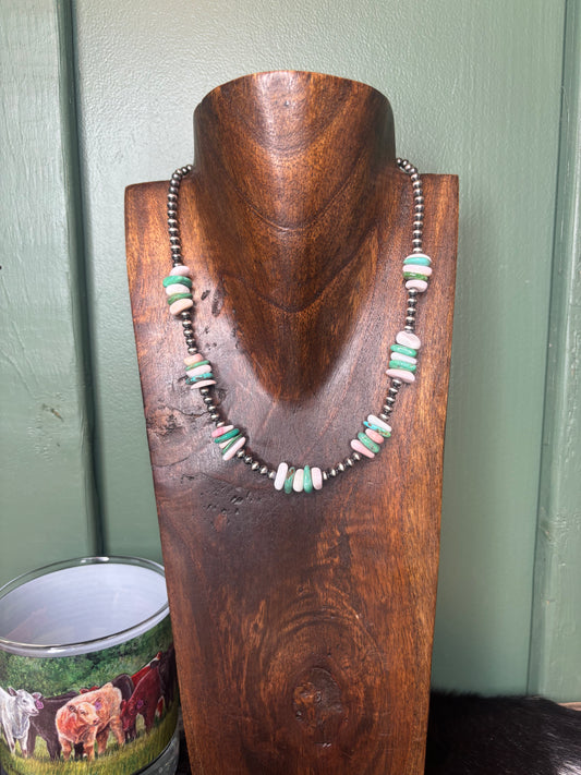 Sterling Silver Pink Conch & Turquoise Necklace