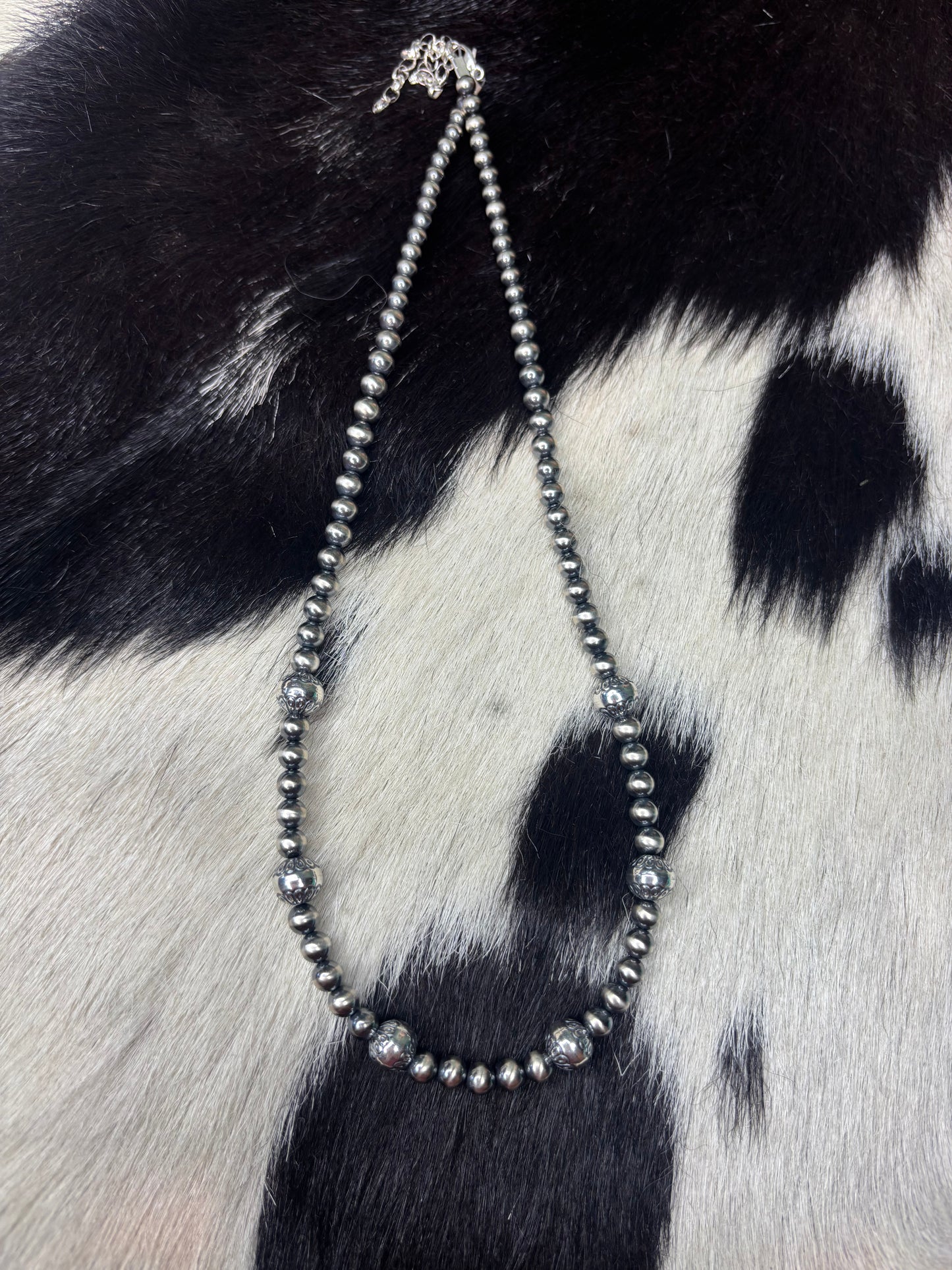 Sterling Silver Floral Stamped Pearls Necklace