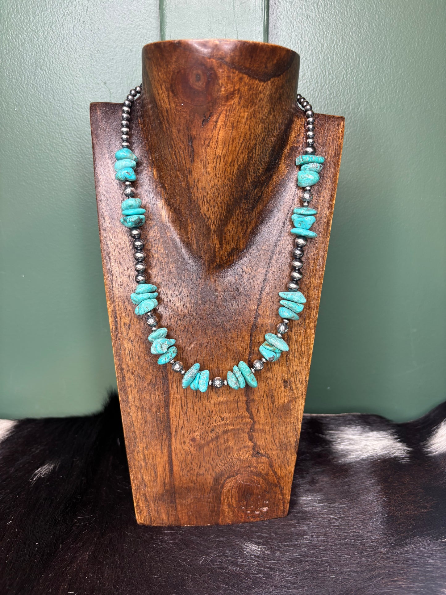 Sterling Silver Stamped Pearls & Turquoise Necklace