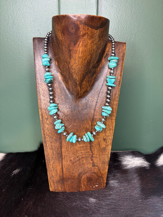 Sterling Silver Stamped Pearls & Turquoise Necklace