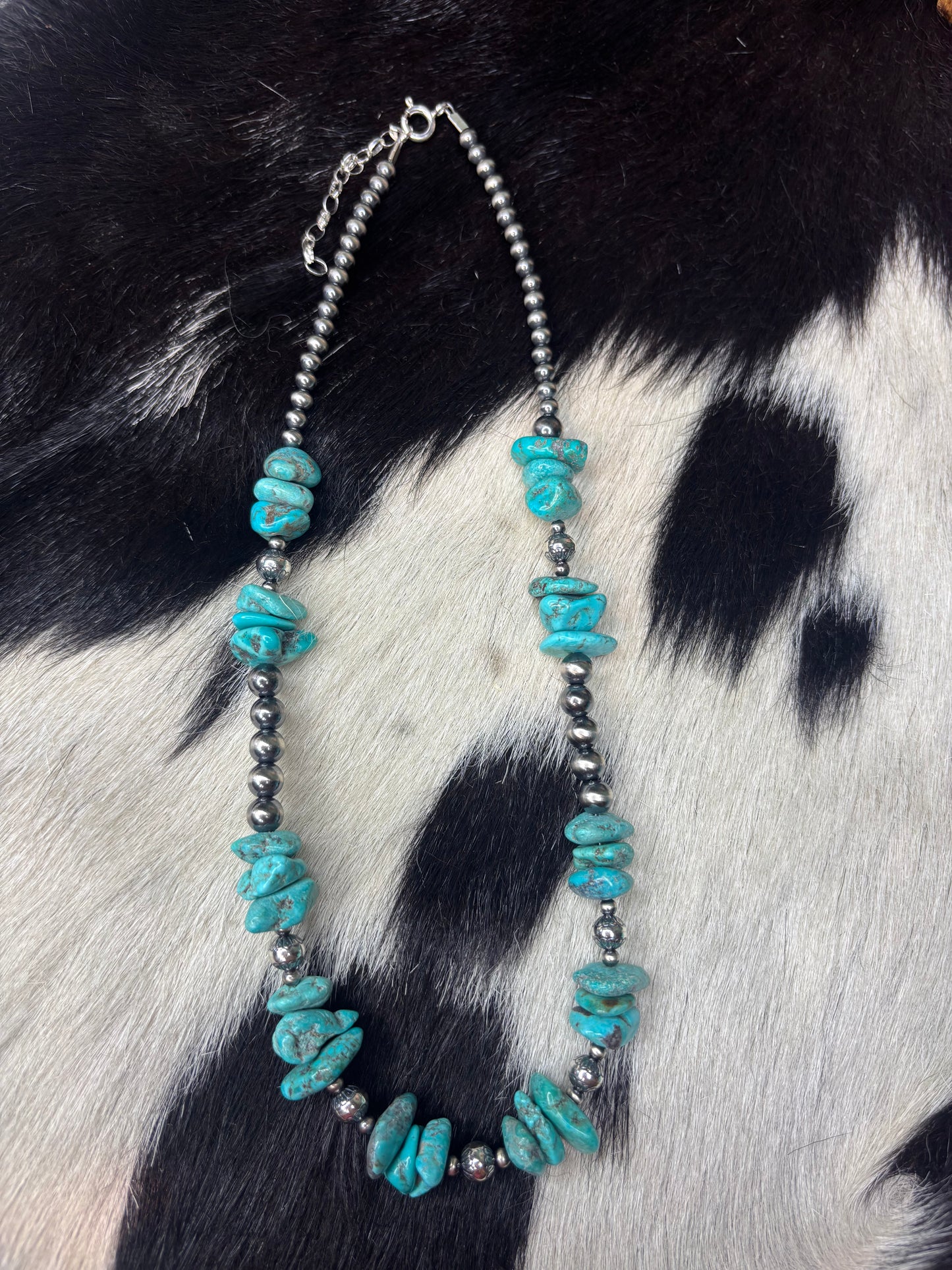 Sterling Silver Stamped Pearls & Turquoise Necklace